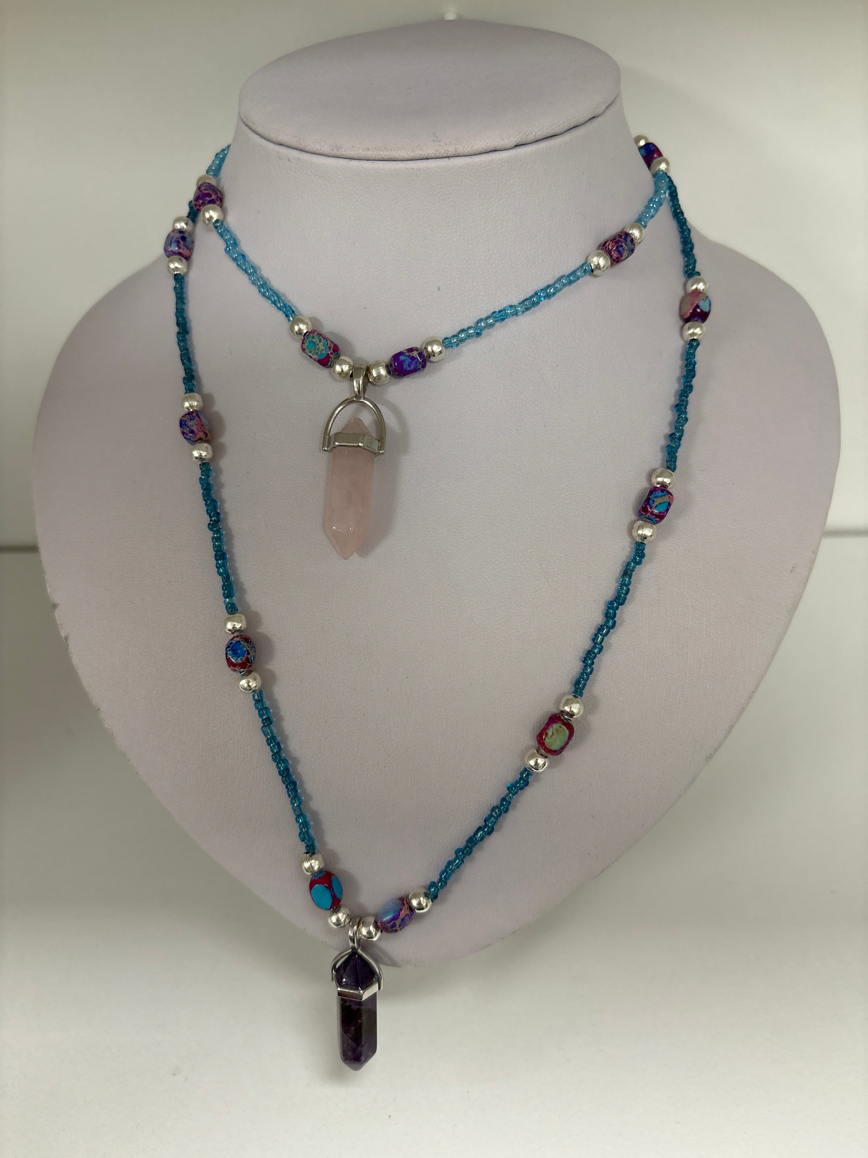 Double Drop Amethyst and Rose Quartz pendants Jasper cube necklace